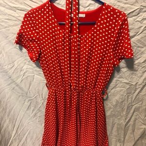 Red Poka Dot Dress. Goes to knees. Comes with belt